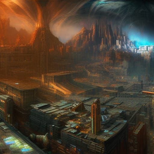 Cyberpunk Digital Archivist in Detailed Panoramic View