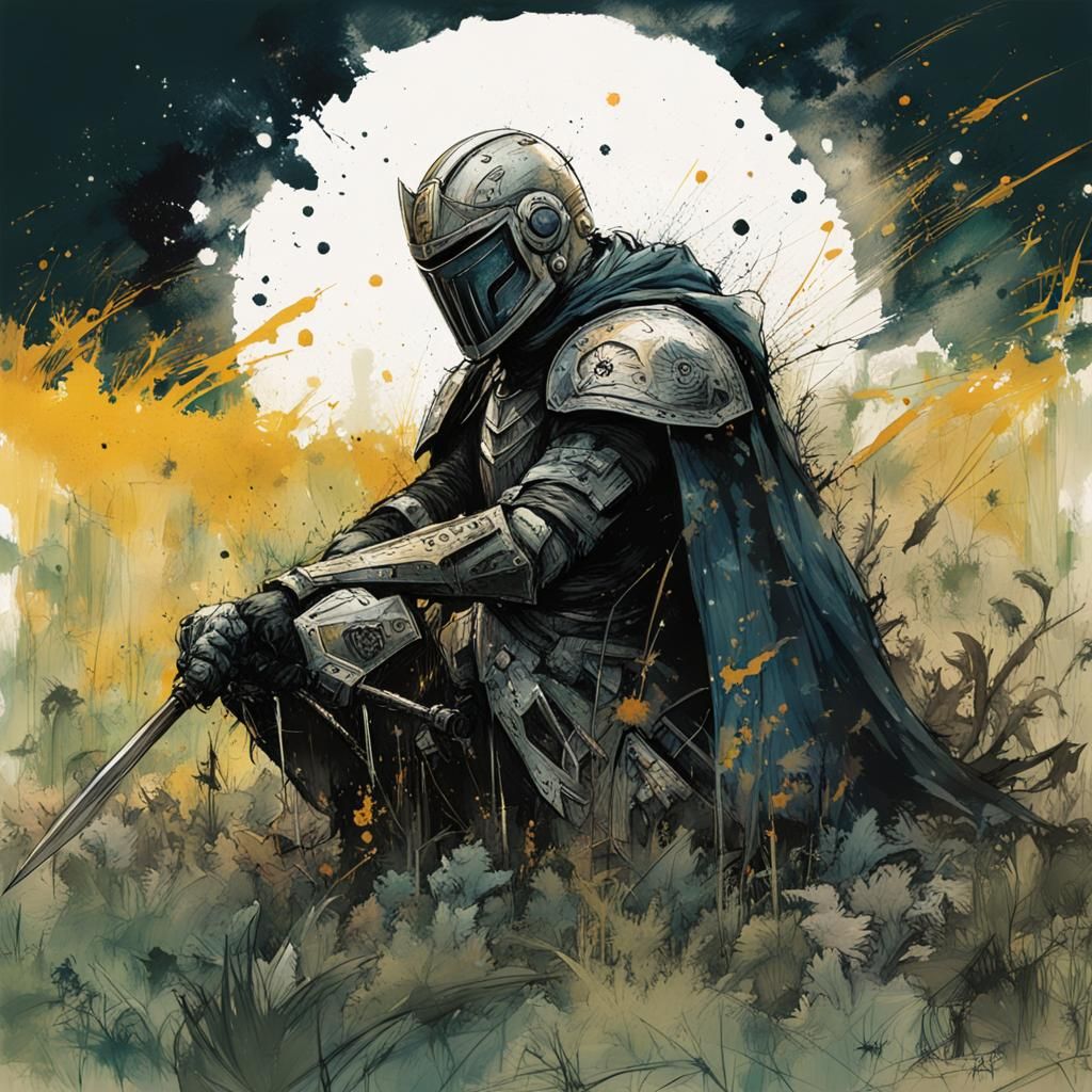 Armored Paladin Kneeling, Ink Splatter Style