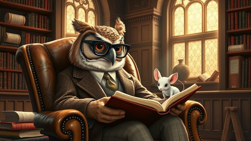 Sage Owl in Cozy Library Setting, Reminiscent of Norman Rock...