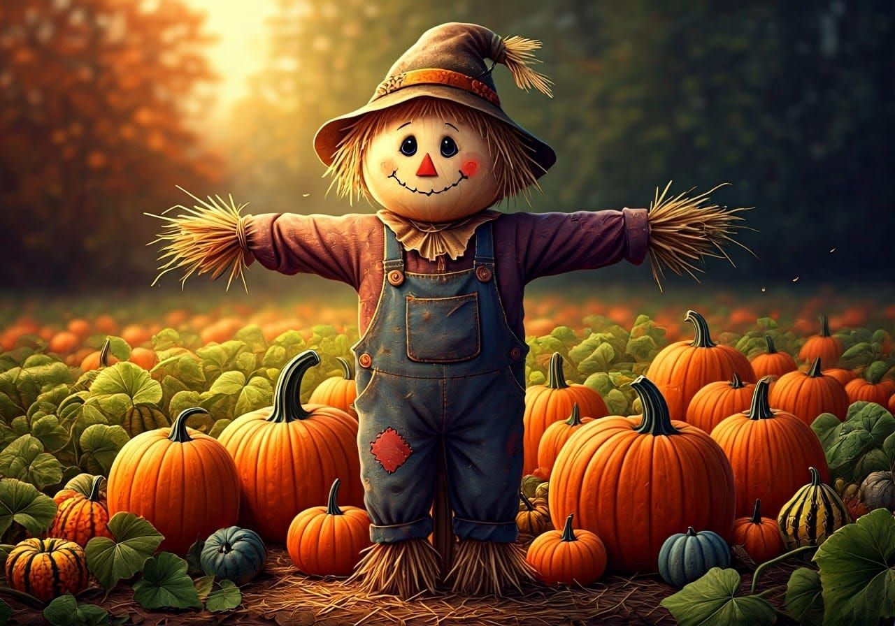 Adorable Scarecrow in Pumpkin Field, Hyperrealistic Splash A...