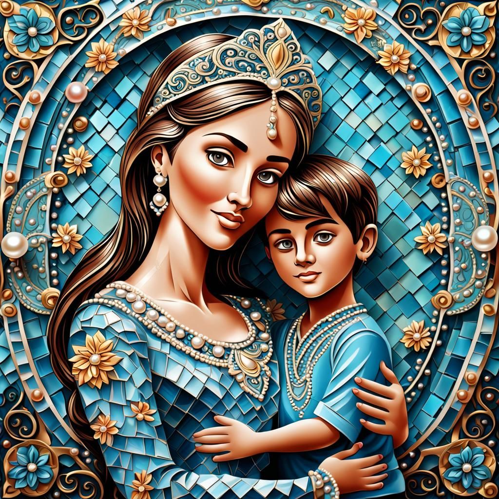 Embossed Mother and Son Mosaic Art