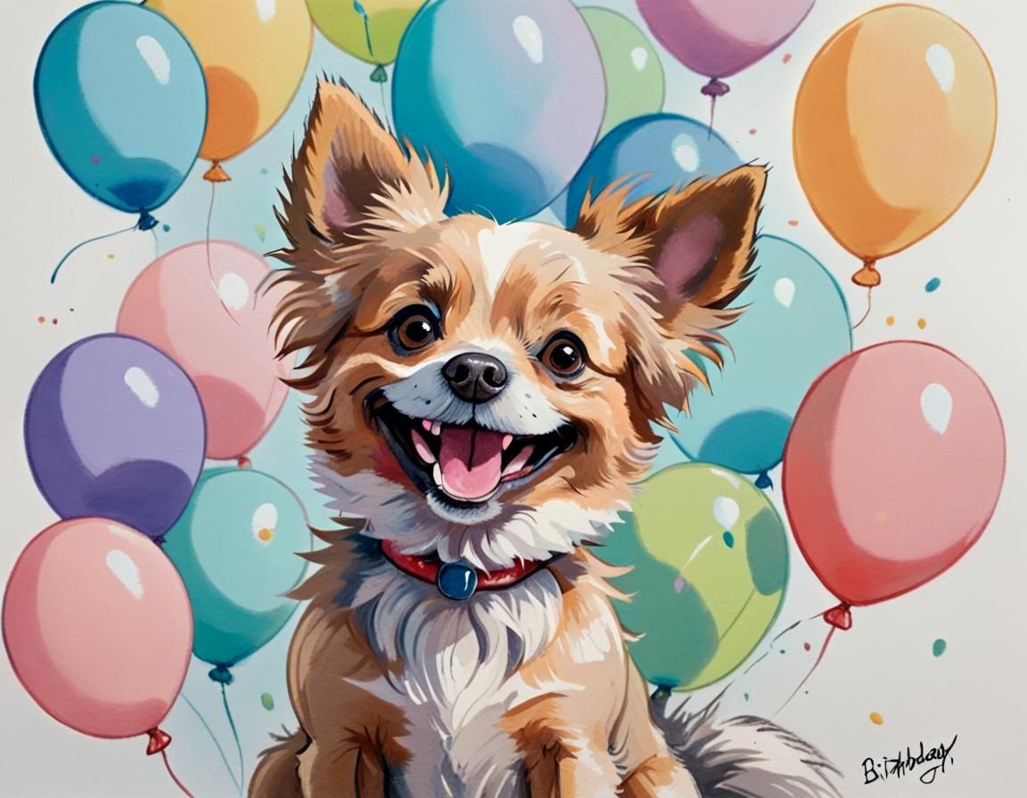 Happy Dog with Balloons in Pastel Acrylics