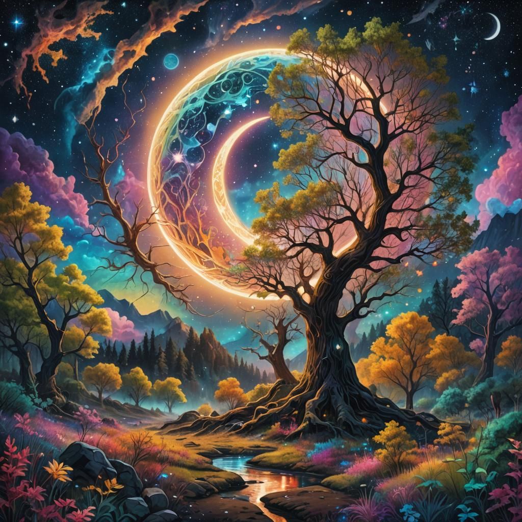 Cosmic Sunset Moonrise: Holographic Astral Illustration