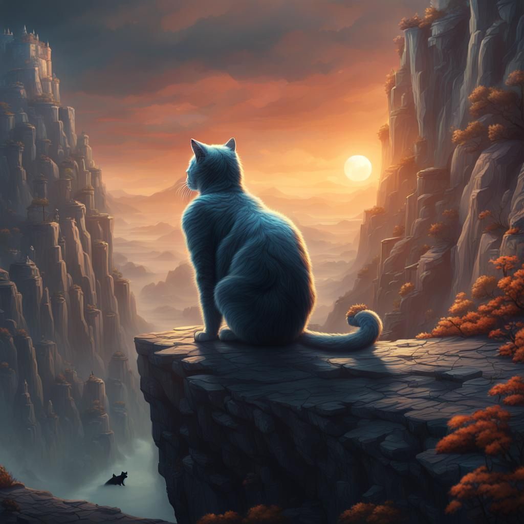 Sad Cat on Cliff: Detailed Matte Painting