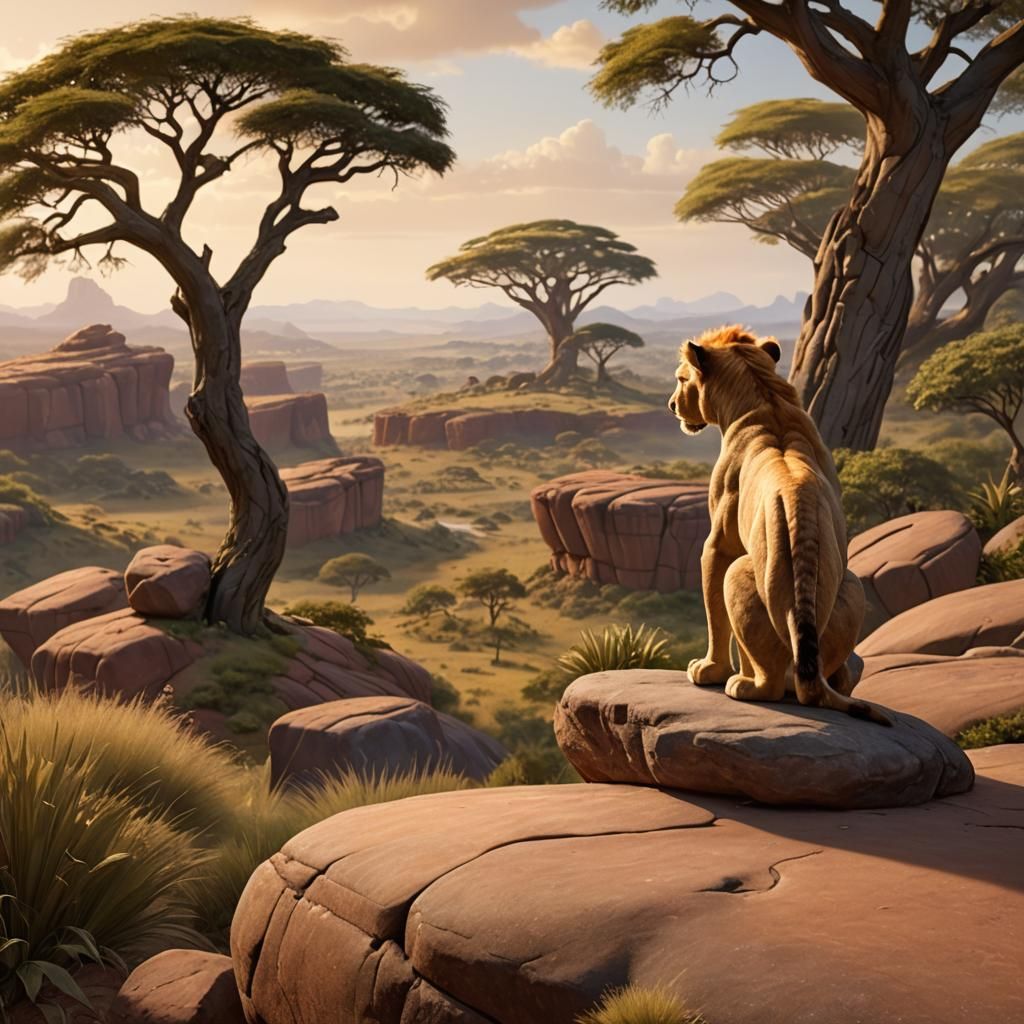 Simba Gazes Over the Savannah in Disney Style