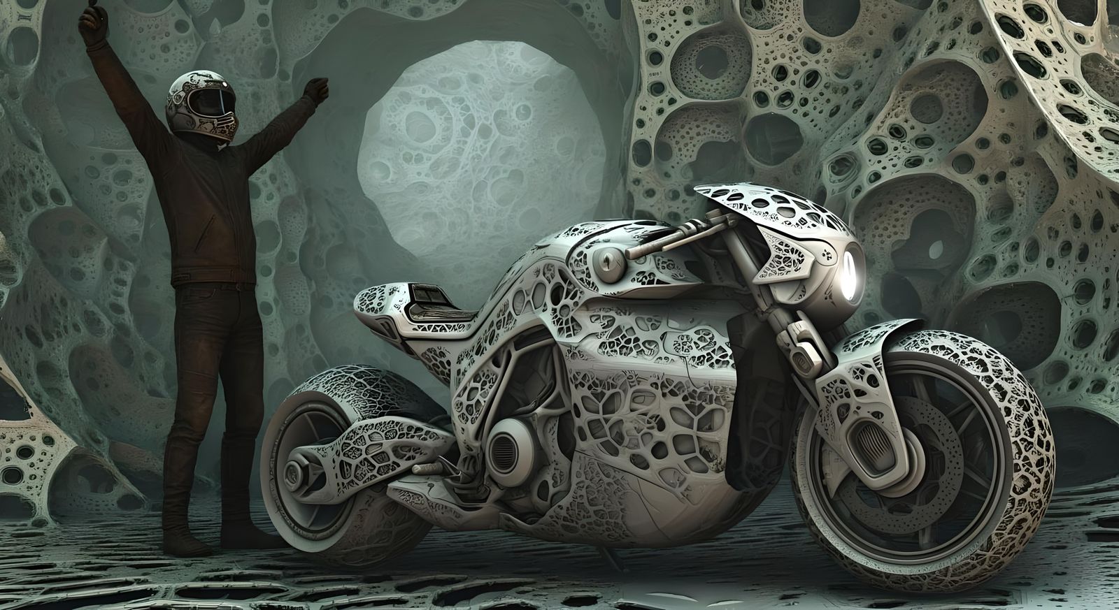 Mountain Motorcyclist Amidst Quantum Entanglement