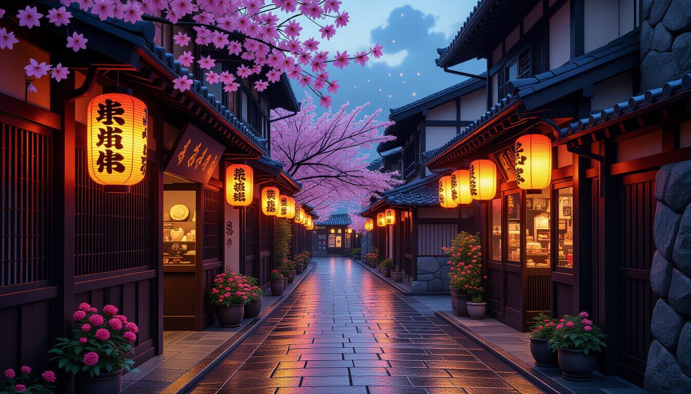 Magical Japanese Street at Dusk with Glowing Lanterns
