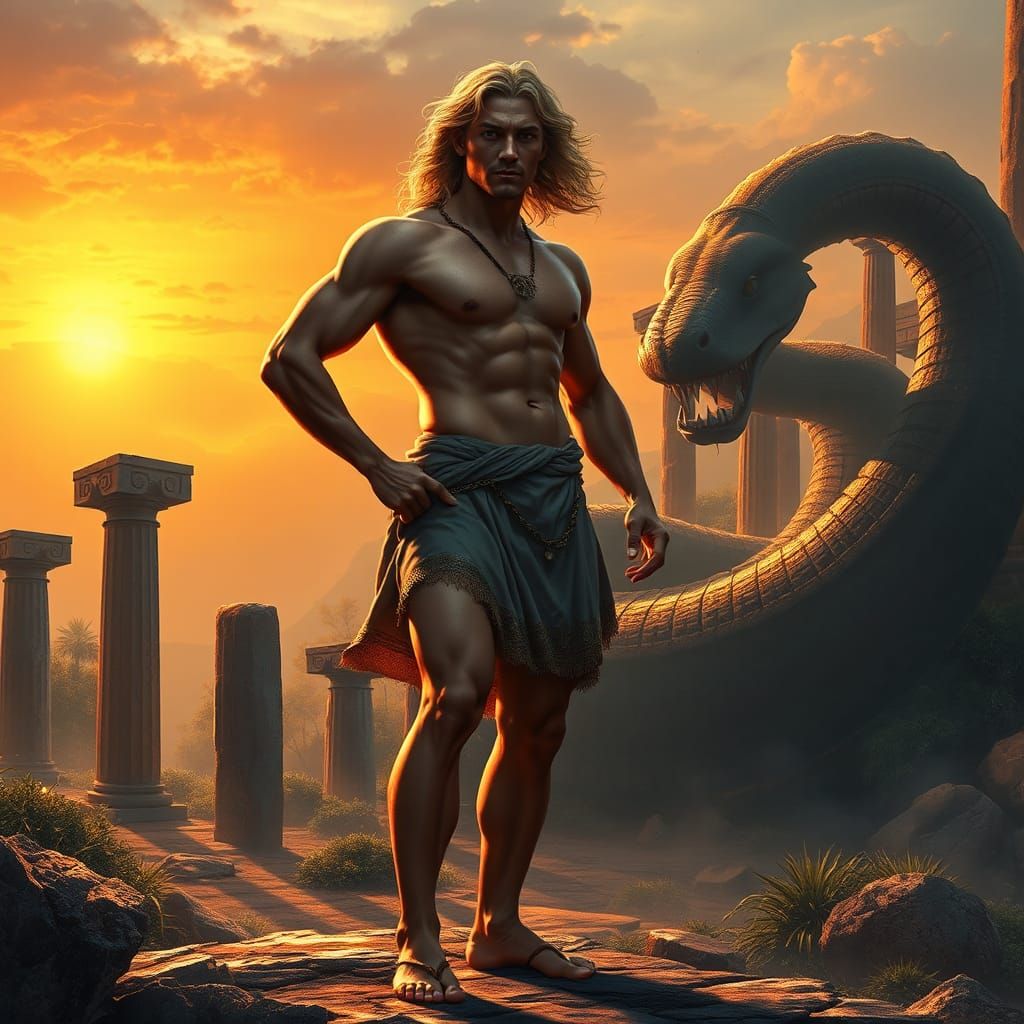 Heroic Jason Battles Hydra in Ancient Greek Landscape