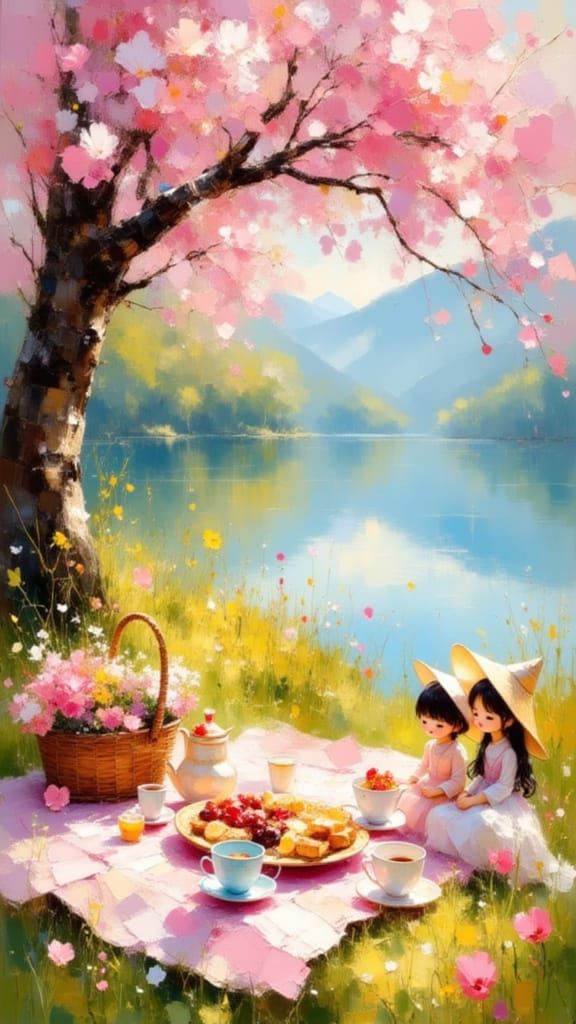 Japanese Picnic Under Cherry Blossoms in Impressionist Style