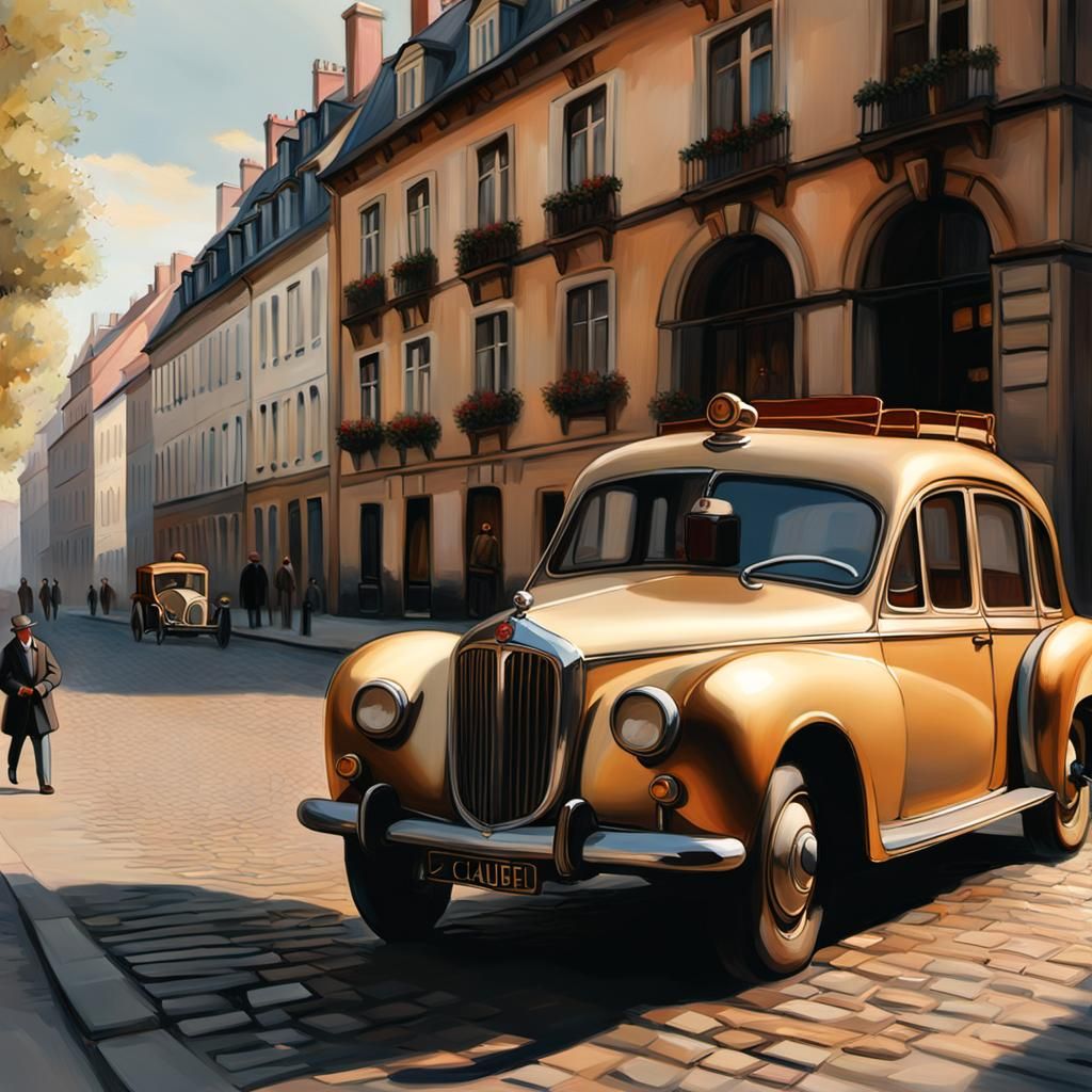 Impressionist Car on Cobblestone Street in Golden Light