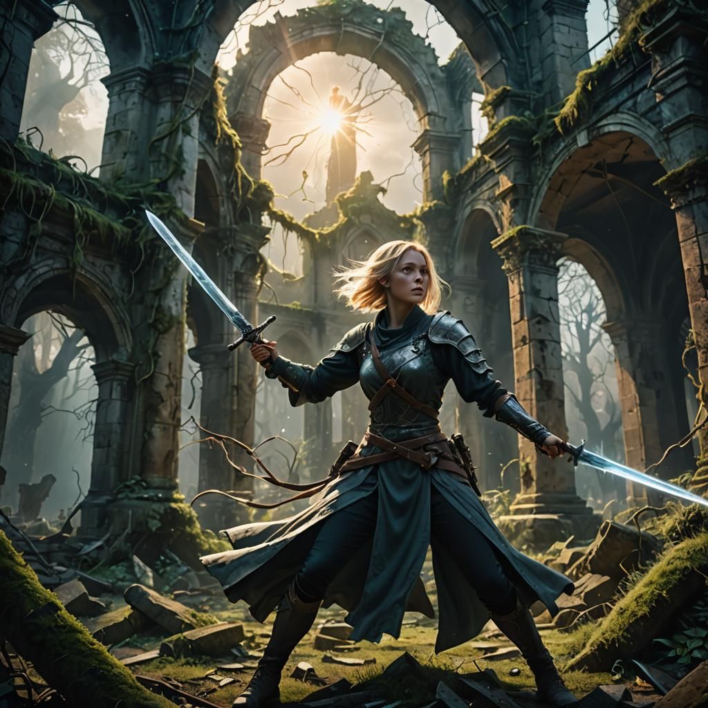 Heroic Woman Battling Ghost in Fantasy Ruins