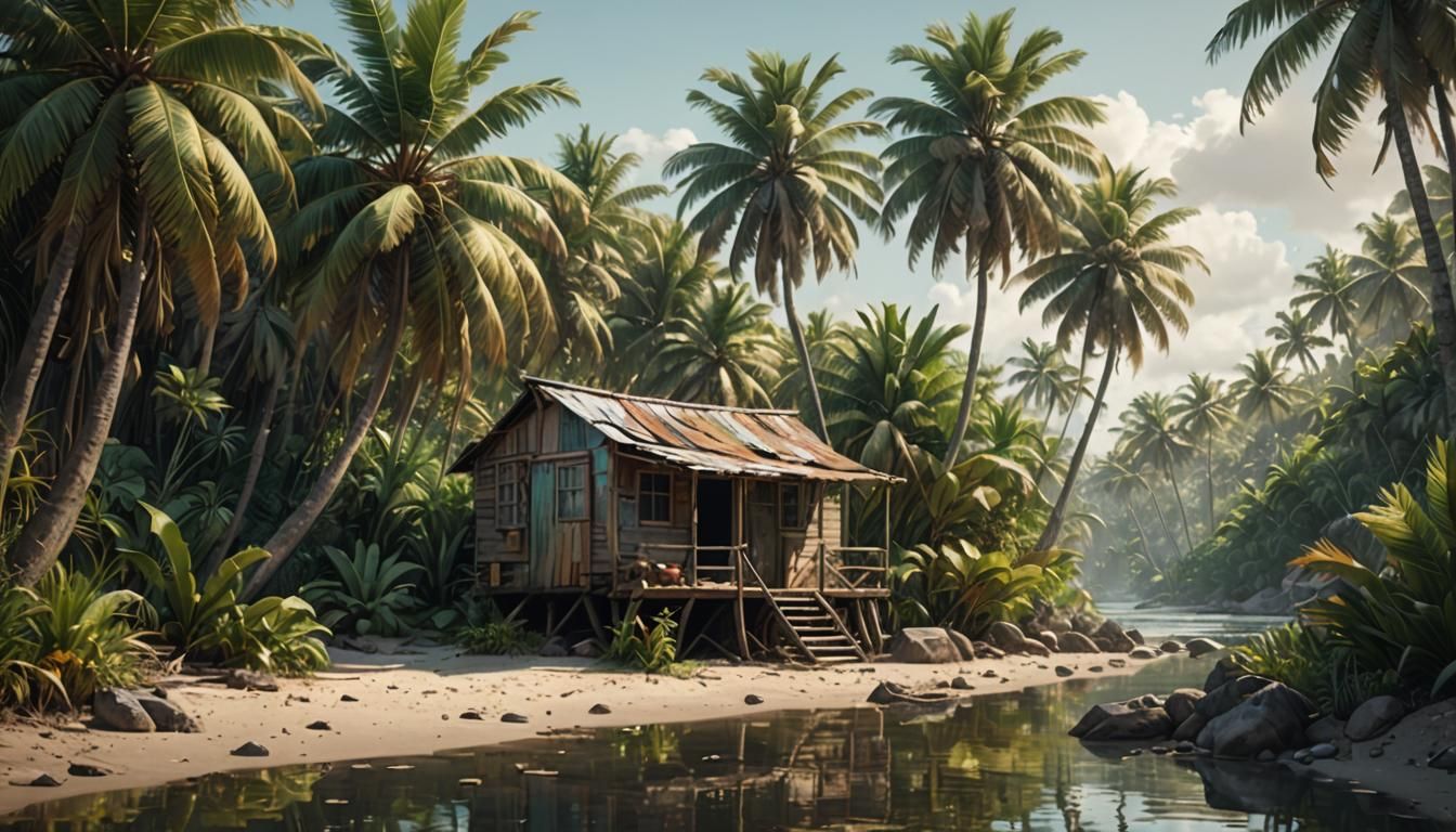 Secluded Island Shanty in Muted Tropical Hues