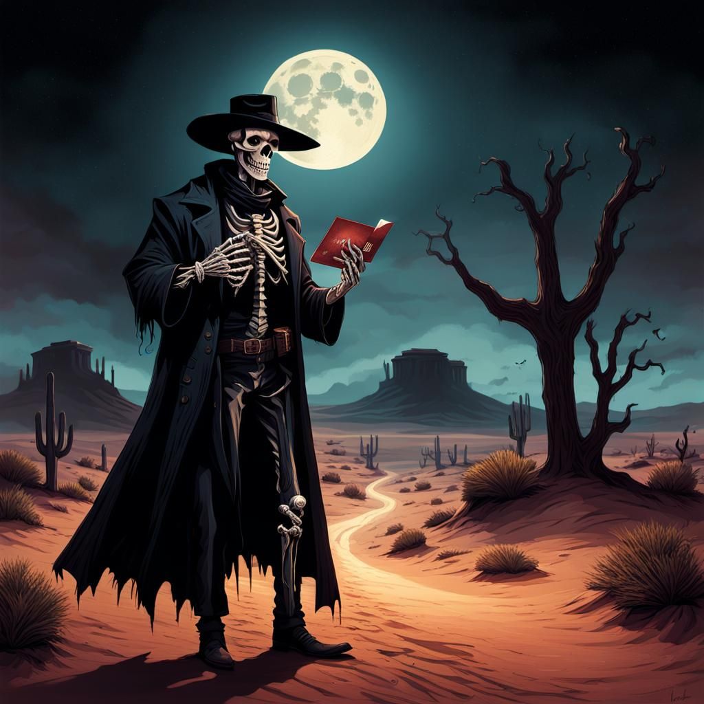 Skeletal Cowboy with Thank You Card in Dark Fantasy Style