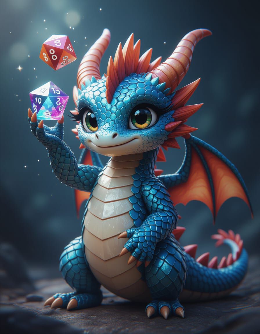 Chibi Crystal Dragon Holding Dice in Pixar Style