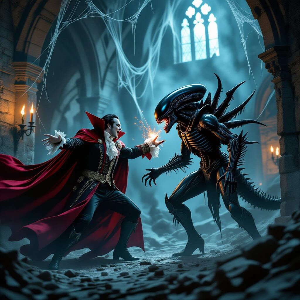 Dracula Battles Xenomorph in Gothic Castle Ruins