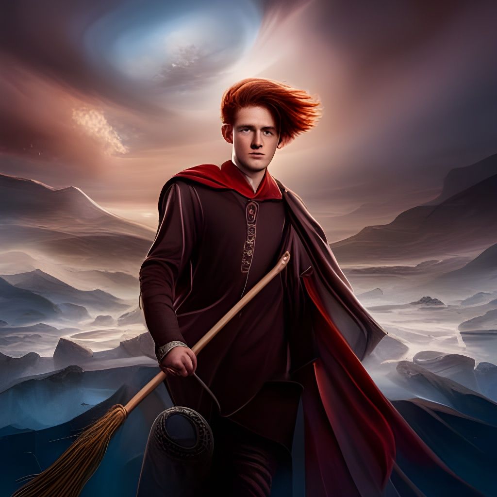 Gryffindor Quidditch Player with Broomstick, Digital Art