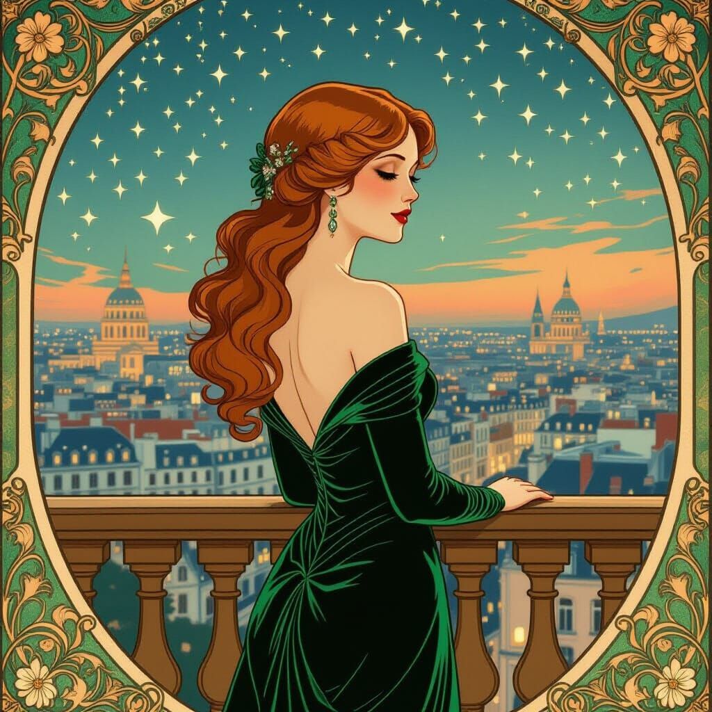 Art Nouveau Woman in Emerald Gown Overlooking Paris