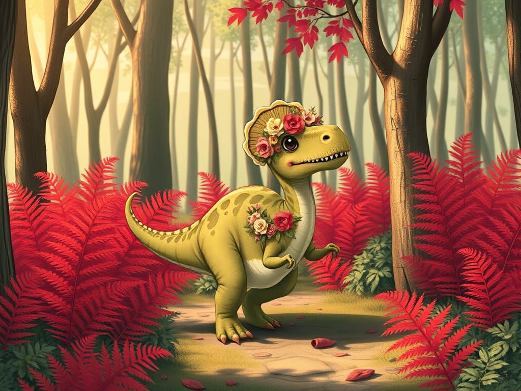 Baby Brontosaurus in Whimsical Woods with Floral Garland