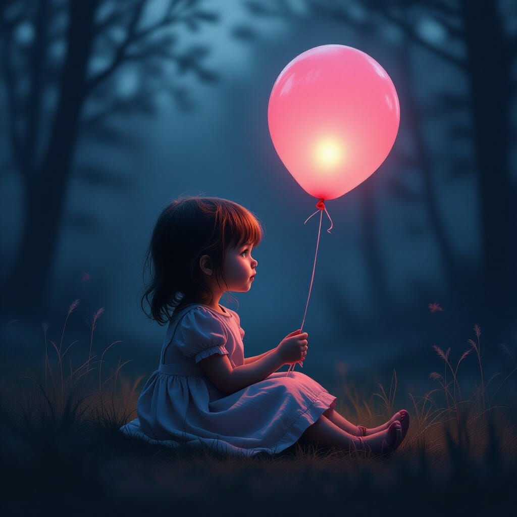Eerie Serene Girl with Glowing Pink Balloon in Misty Shadows