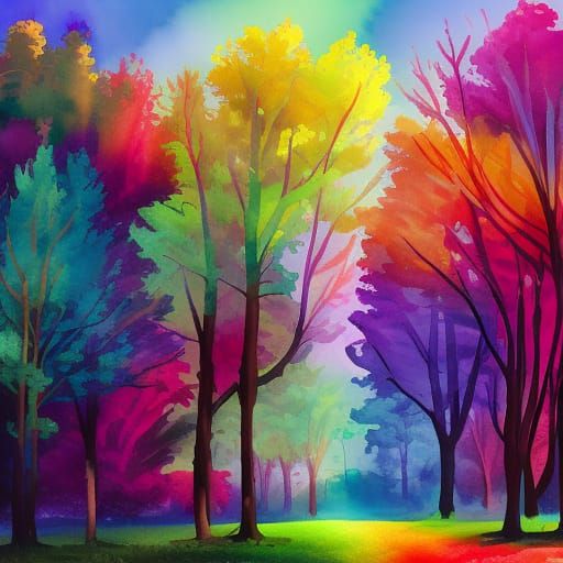 Rainbow Trees as Impressionist Gouache Painting