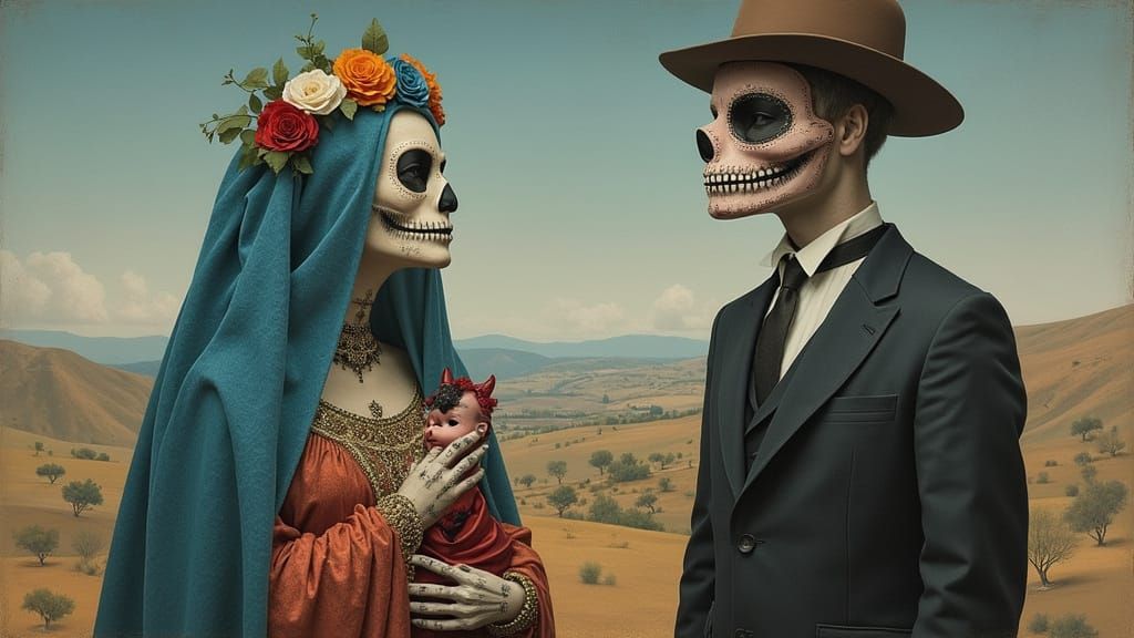 Catrina Holds Devil Baby Amidst Surreal Mexican Landscape