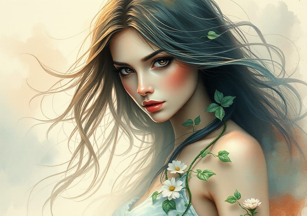 Ethereal Woman with Vines in Watercolor Style