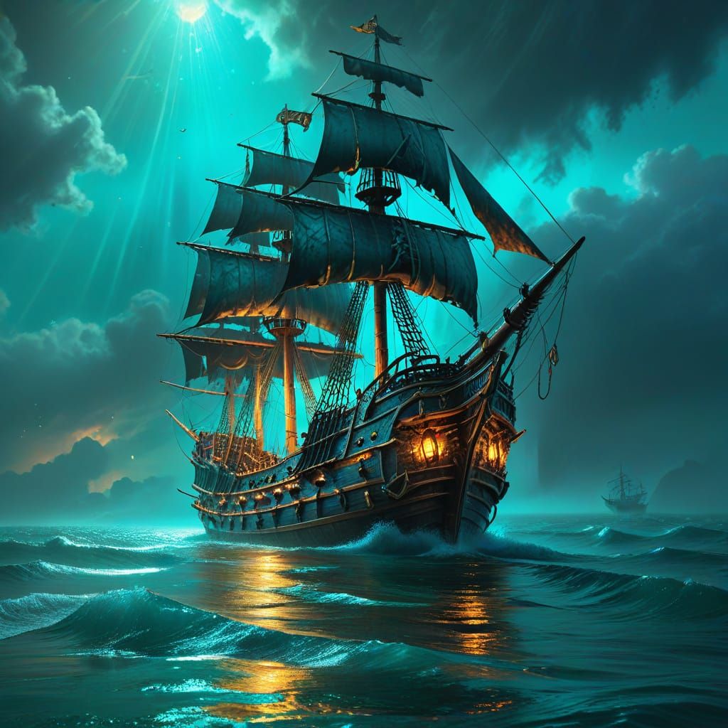 A large pirate ship surrounded  by the ocean with glowing turquoise waters,