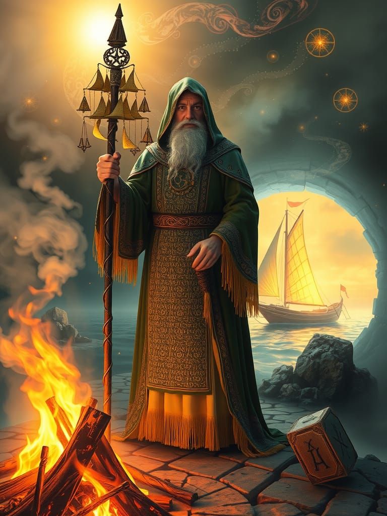 Slavic Magus Bonfire with Runes and Magic Portal
