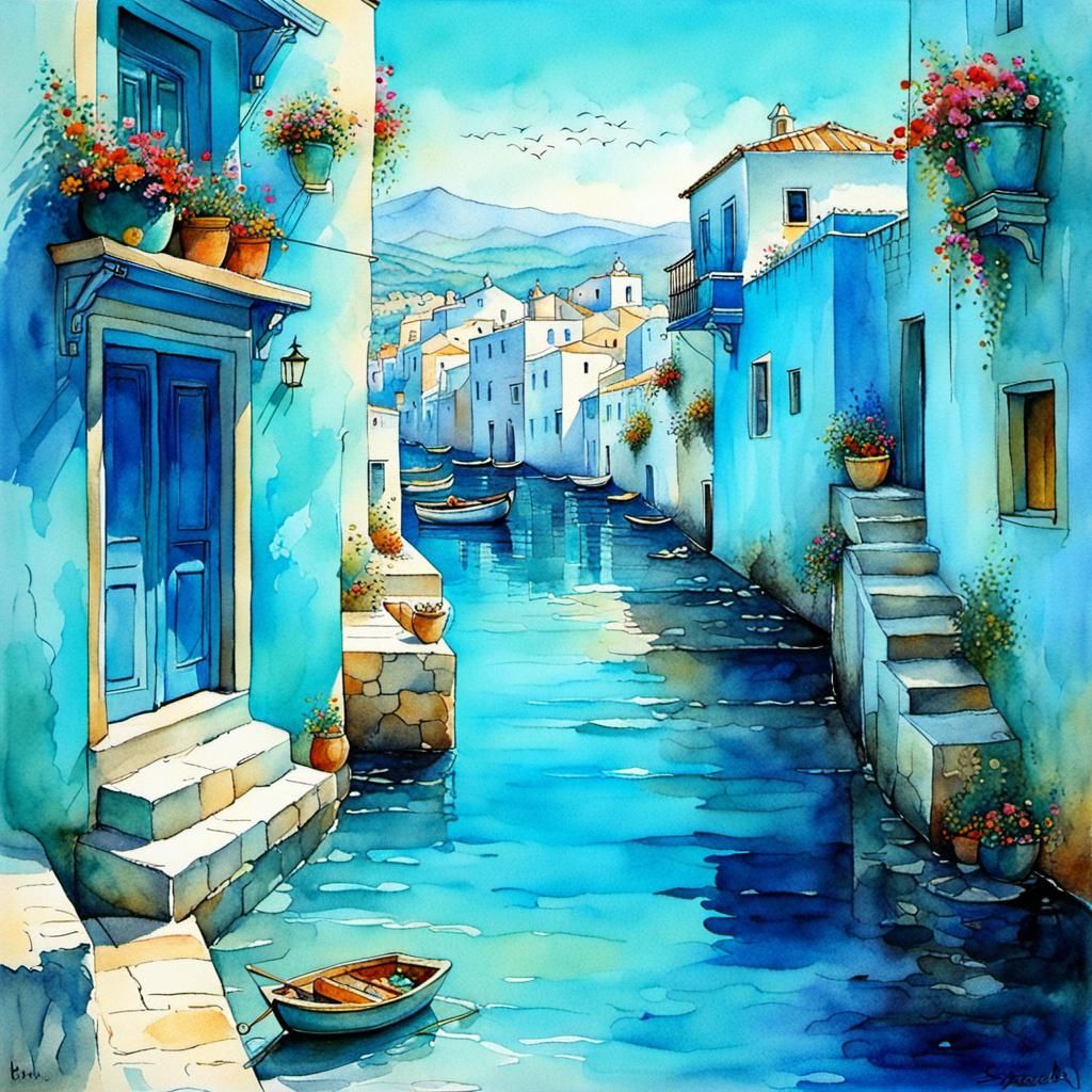 Aqua Blue Greek Village: Watercolor Painting