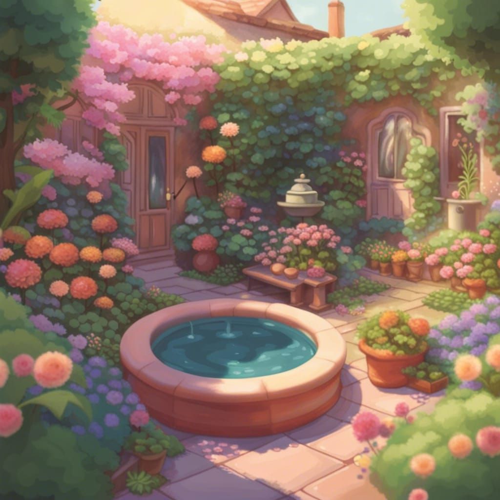 Enchanting Lofi Garden Scene in Anime Style