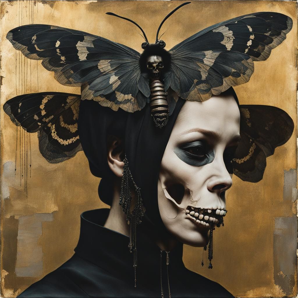 Creepy Goth Skull Moth Portrait in Mixed Media