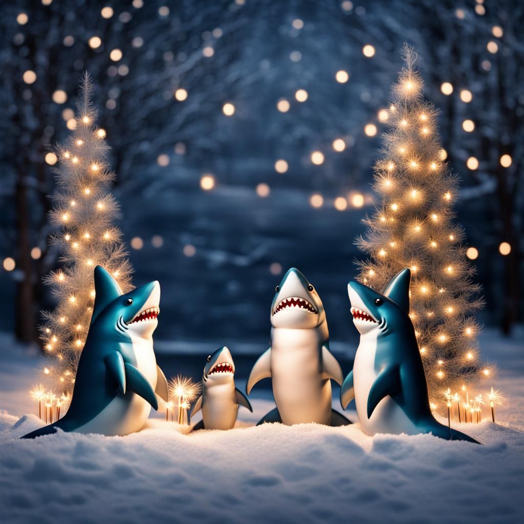 Shark Family Celebrates Winter in Snowy Scene