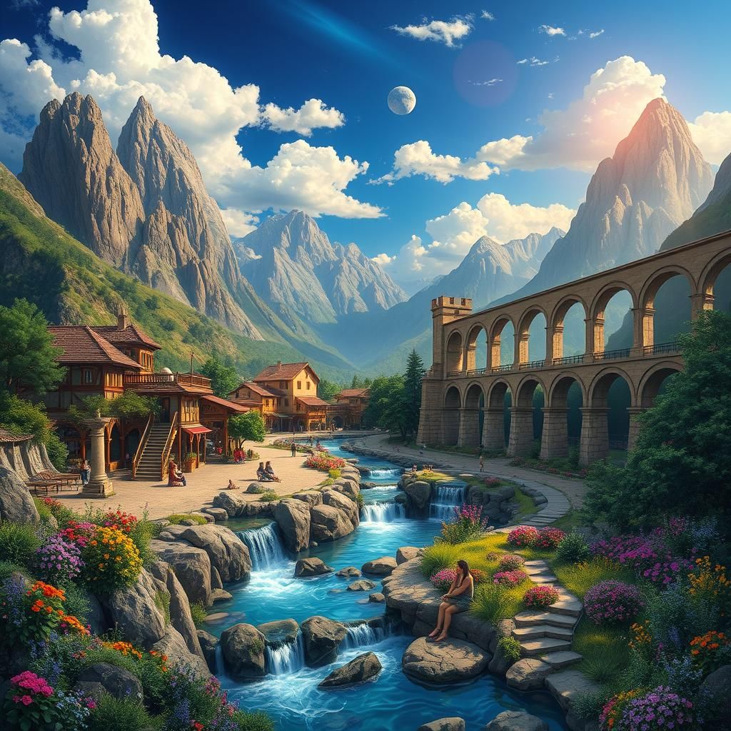 Fantasy Village Square with Aqueduct in Visionary Art Style