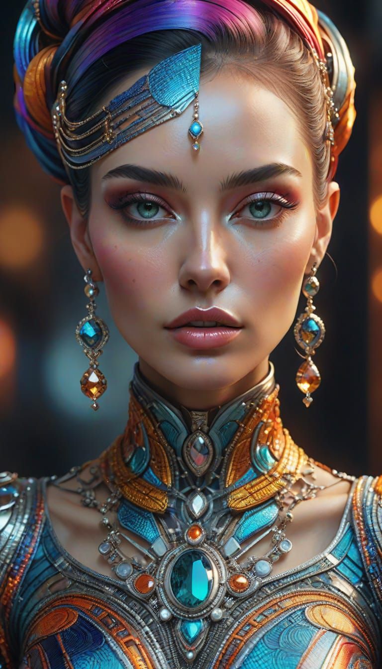 Hyperrealistic Digital Portrait of Elegant Woman in Futurist...