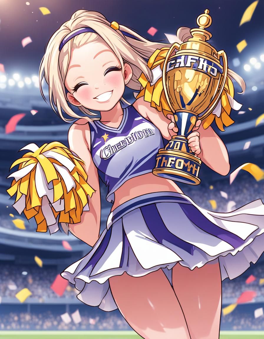 Cheerleader Smiling and Holding Championship Trophy