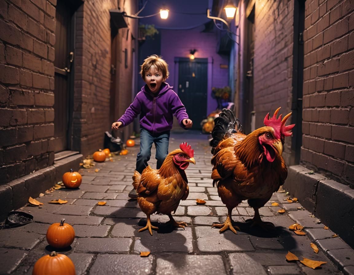 Halloween Monster Chicken Attacks Little Man in Alley