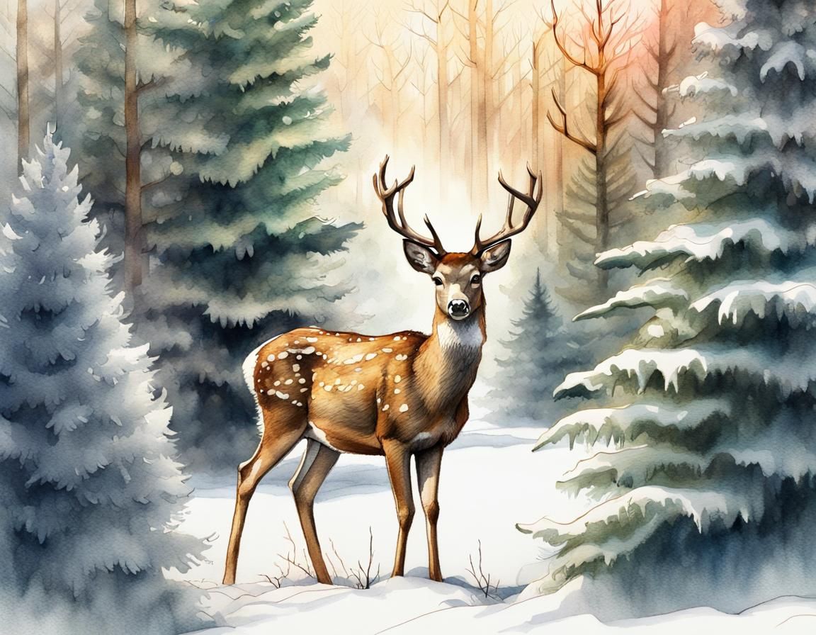 Watercolor Deer in Sunny Winter Forest