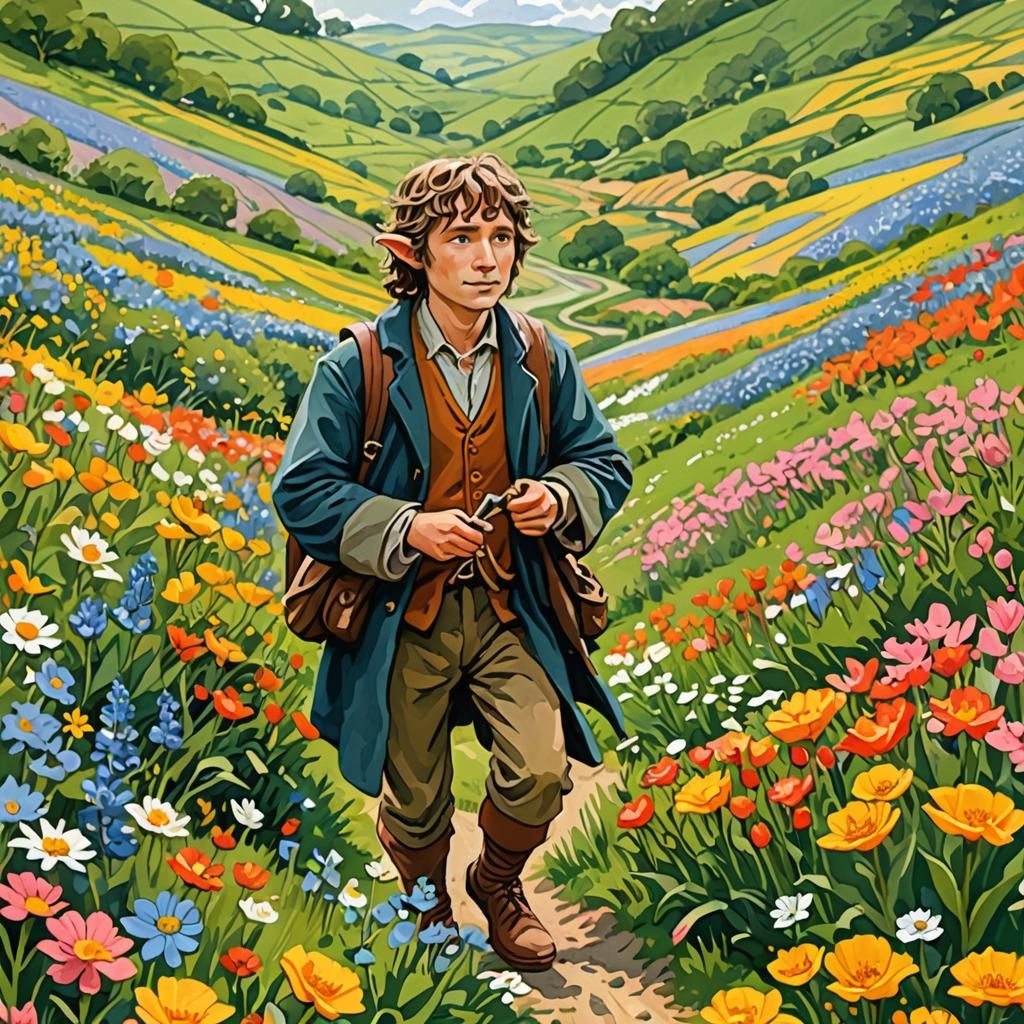 Hobbit in Flower Field as Gouache Painting
