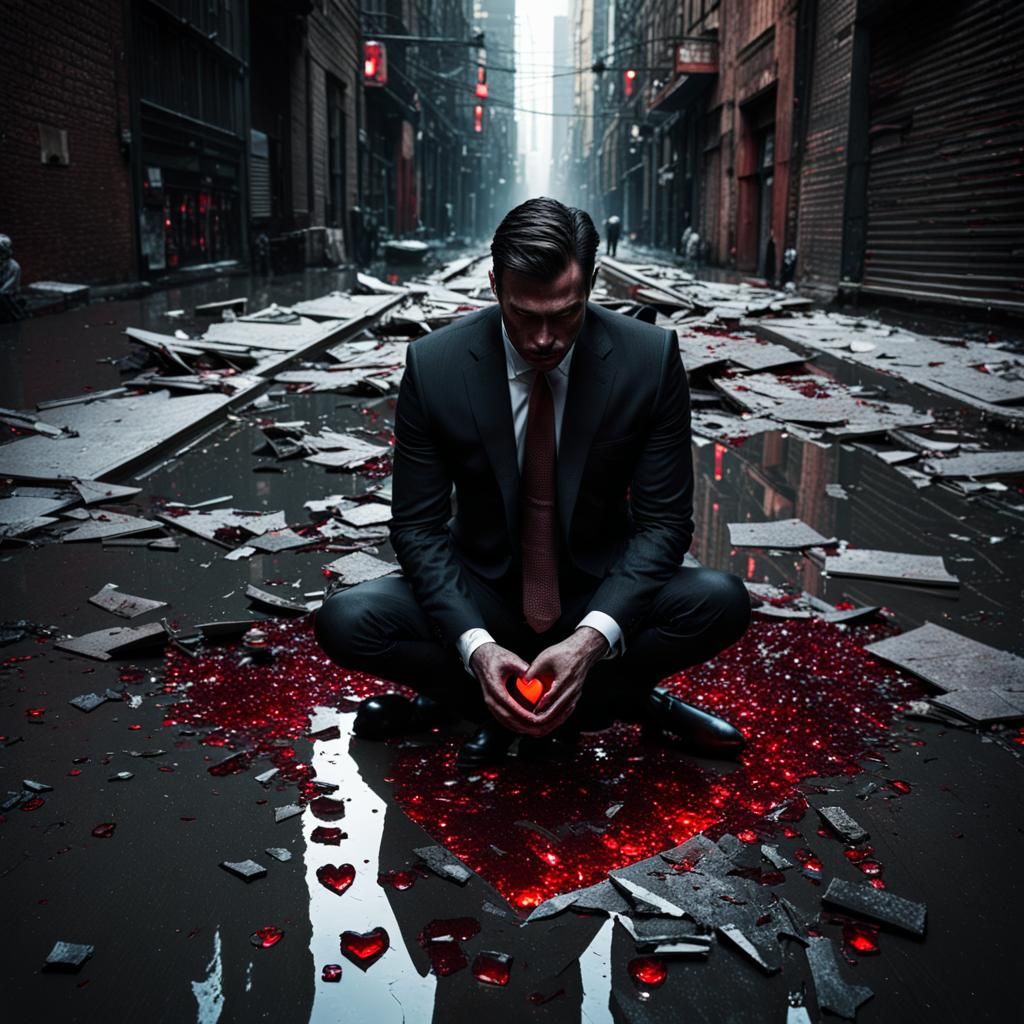 a man in a dark suit with a hole in his chest standing over ...