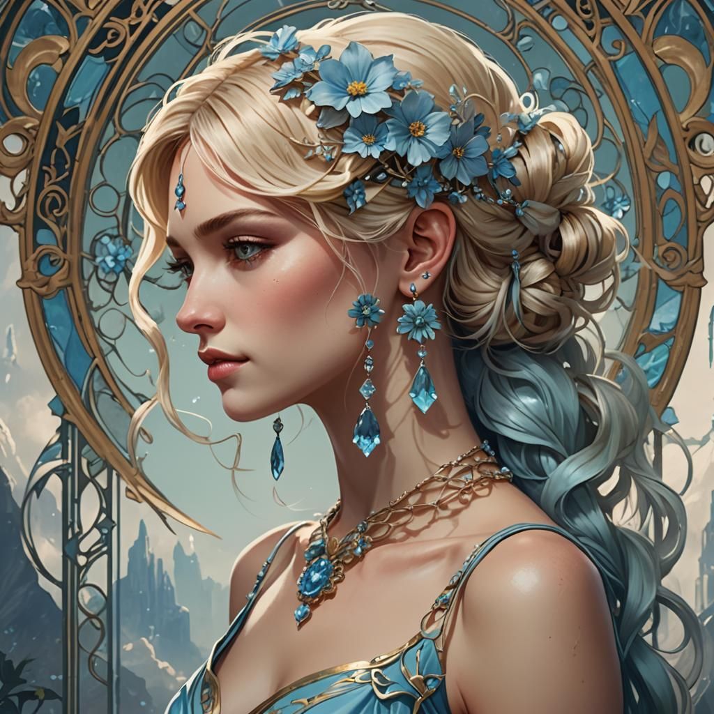 Art Nouveau Portrait of Girl with Crystal Accessories