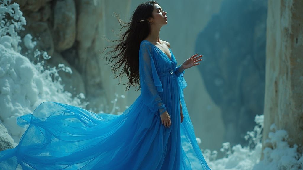 Diva in Blue Gown Sings in Surreal Cinematic Style