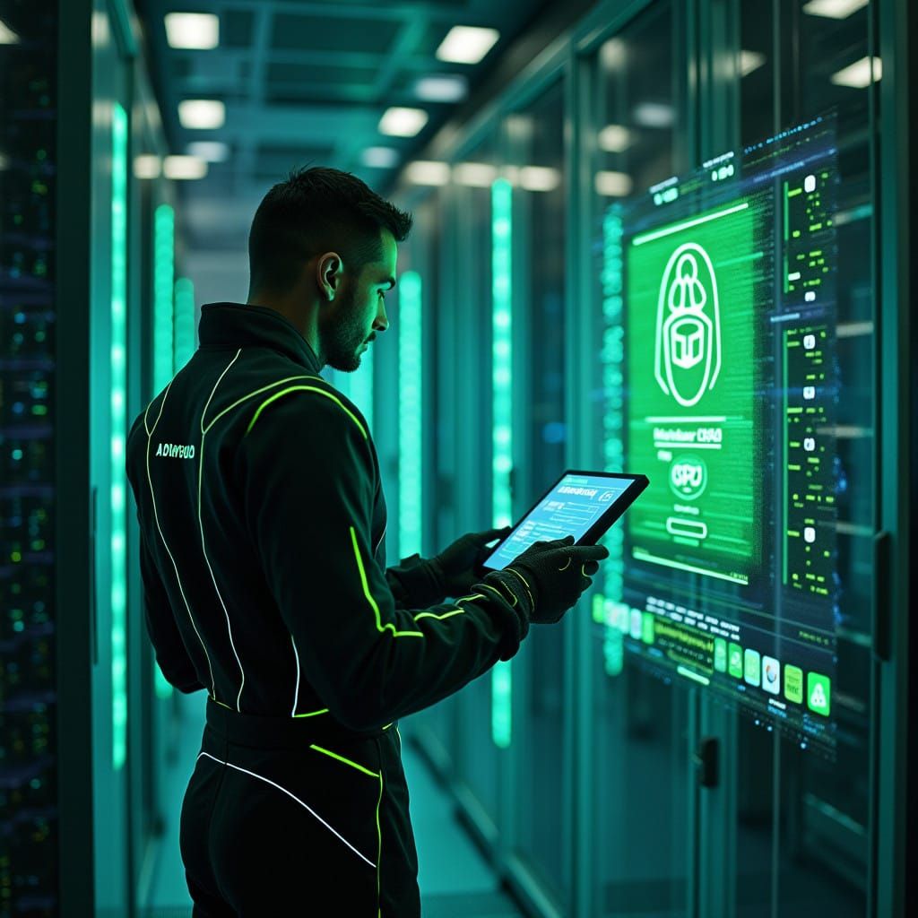 Futuristic Data Center Scene in Neon-Lit Cyberpunk Style