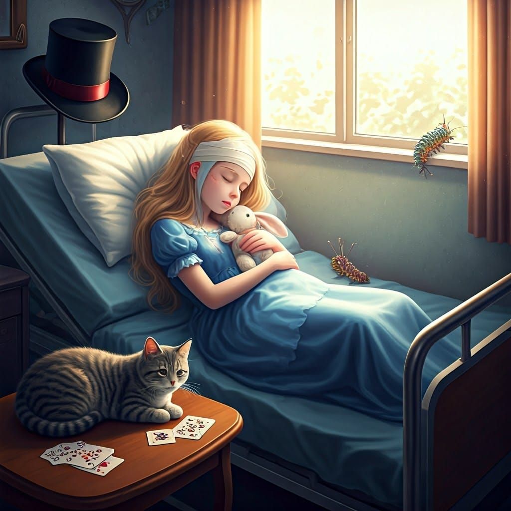 Serene Teenage Girl in Hospital Bed, Surrounded by Whimsical...
