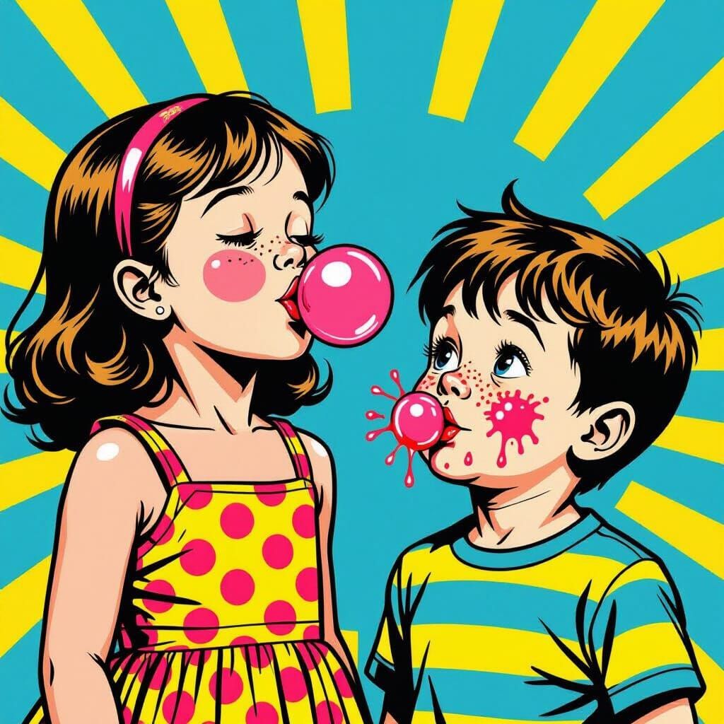 Pop Art Girl Blowing Bubblegum with Boy