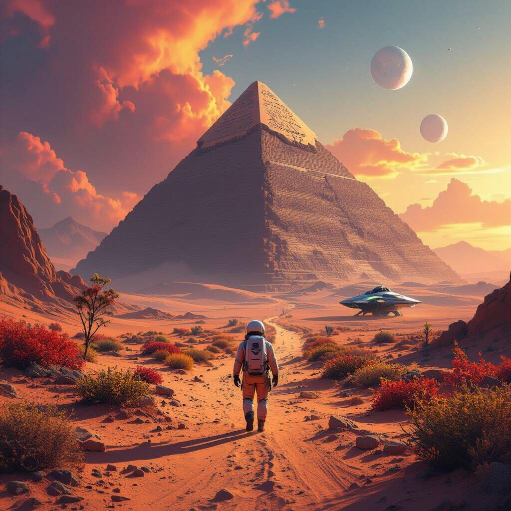 Astronaut in Post-Apocalyptic Desert near Alien Pyramid