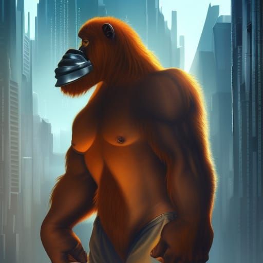 Cyberpunk Orangutan Hulk Roars in Cityscape