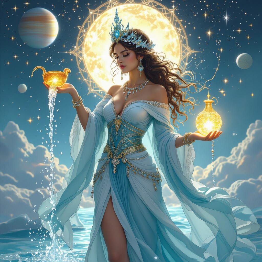 Aquarius Goddess Pours Cosmic Waters in Majestic Galaxy