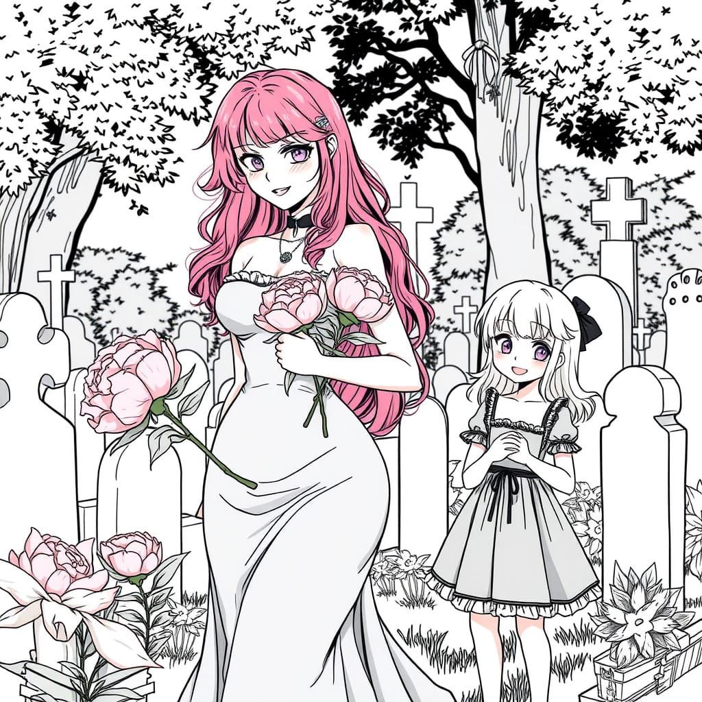 Gothic Mother and Daughter in Black and White Line Art