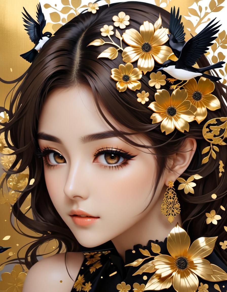 Anime Girl in Gold Dress: Painterly Style