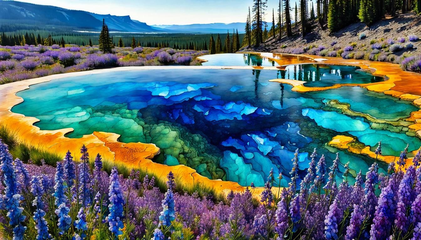Malachite Azurite inspired landscape with wildflowers  Yello...